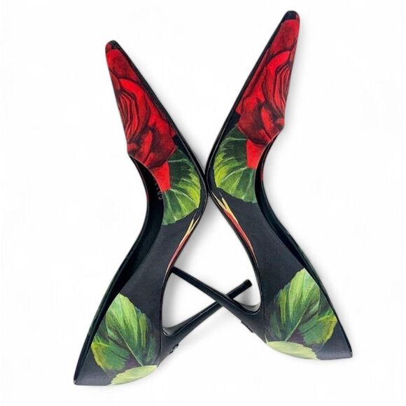 NWT DOLCE & GABBANA Black Satin Rose Print Pointed Toe Stiletto Pumps Si… - Picture 9 of 16